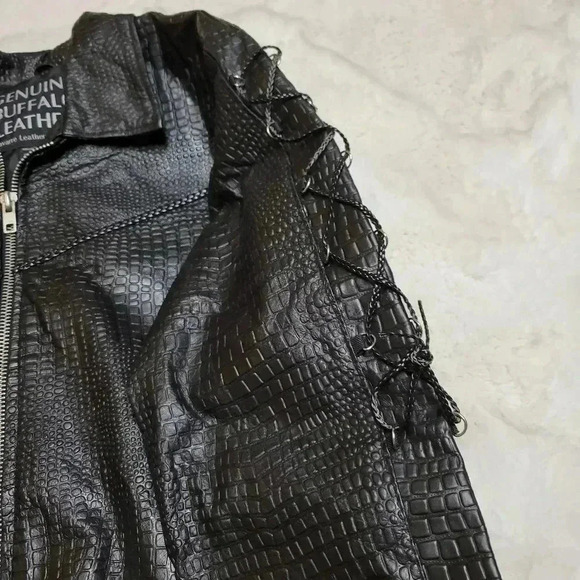 Navarre Croc Embossed Black Buffalo Leather Embroidered Rose Moto Jacket Biker - Picture 6 of 10
